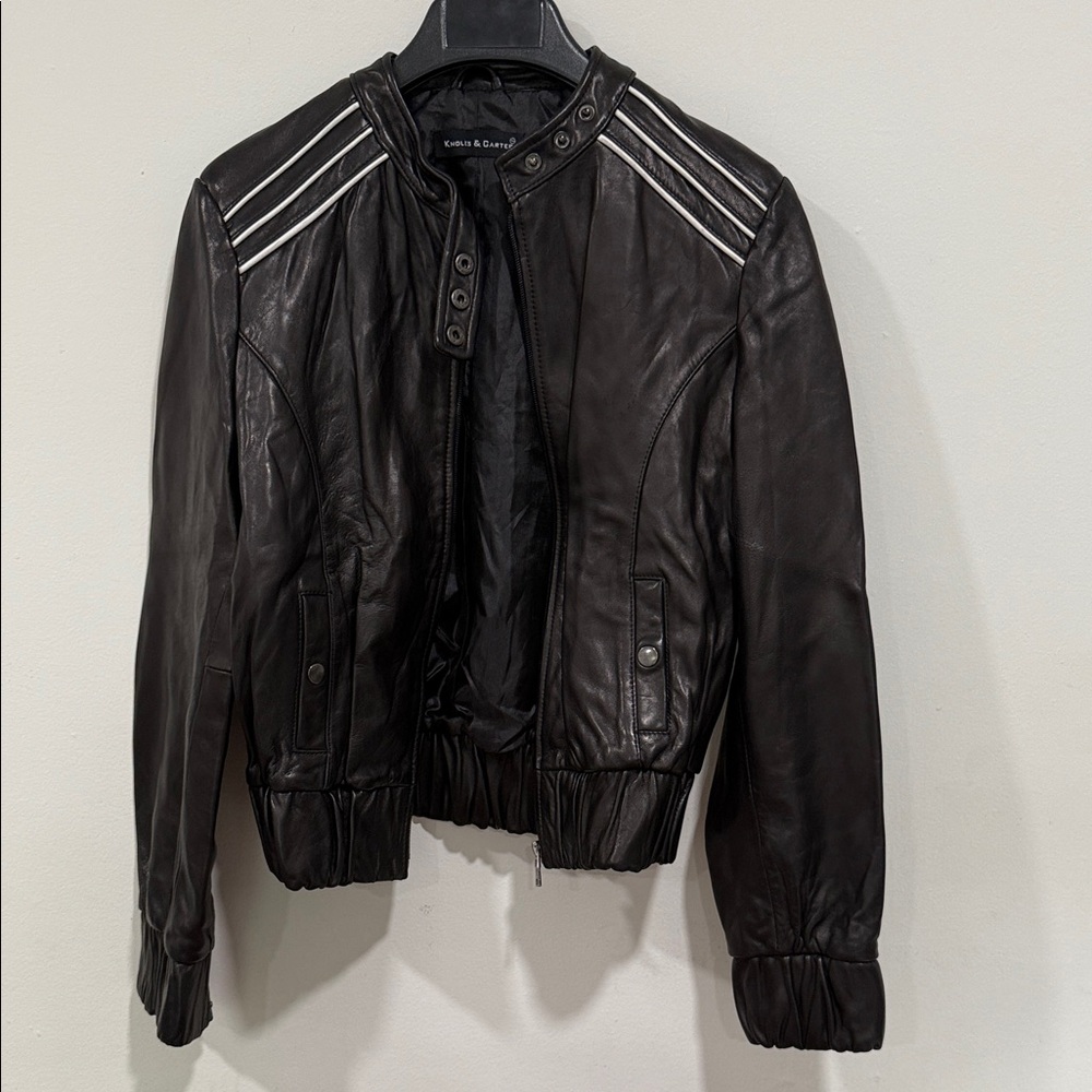High neck Black Leather Racer Jacket S-M